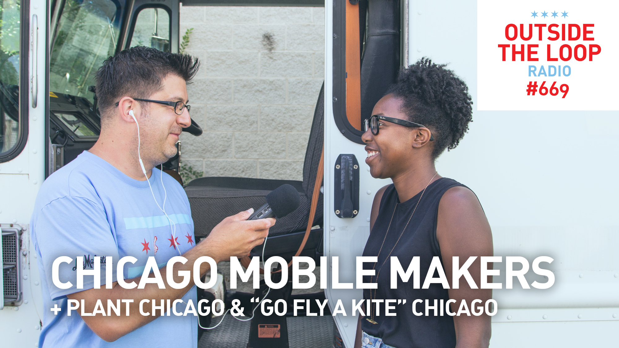 Mike Stephen interviews Chicago Mobile Makers founder Maya Bird-Murphy outside of the future Mobile Maker Van.
