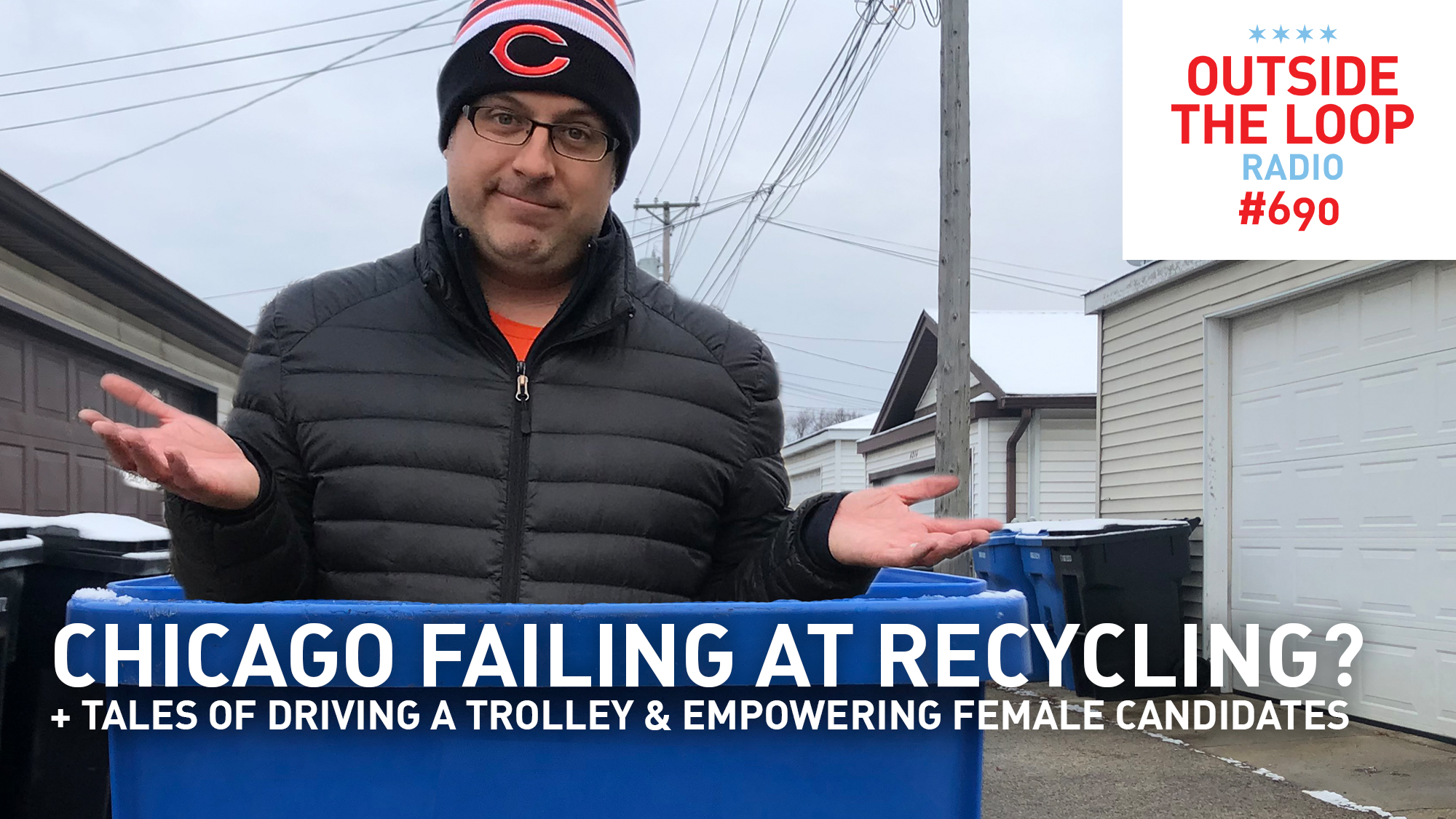 Mike Stephen ponders recycling in Chicago while standing in a blue recycling bin. That's dedication.